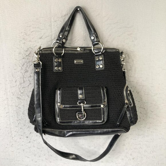 The Sak Shoulder Bag Womens Black Crochet Leather Trim Satchel Crossbody Purse - Picture 1 of 16